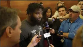  ?? JULIO CORTEZ — THE ASSOCIATED PRESS ?? New York Jets’ Sheldon Richardson talks to reporters during the team’s organized team activities at its NFL football training facility Tuesday in Florham Park, N.J.