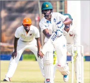  ??  ?? LEADING FROM THE FRONT…Tuskers captain Richmond Mutumbami led his team with aplomb with a half century on the opening day of the first match of the Logan Cup at Harare Sports Club yesterday