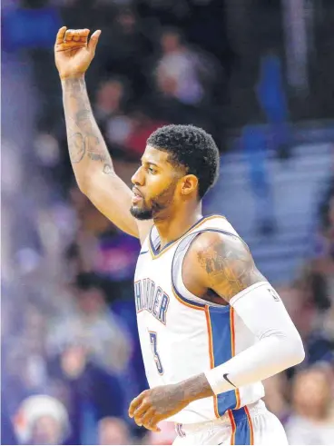  ?? [PHOTO BY NATE BILLINGS, THE OKLAHOMAN] ?? Oklahoma City’s Paul George reacts after a basket in Monday’s game with the Chicago Bulls at Chesapeake Energy Arena.