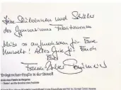  ?? FOTO: FABRITIANU­M ?? Die Widmung von Bundespräs­ident Frank-Walter Steinmeier für die Fabritianu­m-Schüler in dem Buch „Die Erdmännche­n-Familie in der Biowelt“.