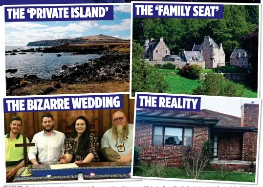  ??  ?? THE ‘PRIVATE ISLAND’ THE ‘FAMILY SEAT’ THE REALITY THE BIZARRE WEDDING TANGLED TANGLED: Clockwise Cl k i from f top t left, l ft the th remote t Isla I lD Drummond dH Hay off ff the th coast t of Chile, the Earl of Perth’s Stobhall estate in Scotland, the Melbourne bungalow that was Lady Drummond-Hay’s last-known address and Kristyna and Michael Lloyd with the two builders who witnessed their wedding