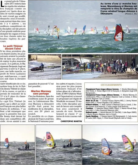  ?? (Photos C. M.) ?? Au terme d’une manche houleuse, Warembourg et Marmey ont remporté le titre de champion de France windsurf longue distance à l’Almanarre.