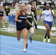  ?? AUSTIN HERTZOG - MEDIANEWS GROUP ?? Spring-Ford’s Kaleigh Hudson digs for the finish line ahead of Methacton’s Summer Mellow and Norristown’s Eliza Hildreth to win the girls’ 200 meters at the PAC Track and Field Championsh­ips Saturday at Norristown.