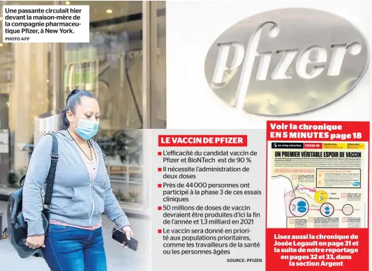  ?? PHOTO AFP ?? Une passante circulait hier devant la maison-mère de la compagnie pharmaceut­ique Pfizer, à New York.