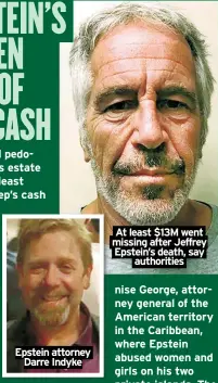  ?? ?? Epstein attorney Darre Indyke
At least $13M went missing after Jeffrey Epstein’s death, say authoritie­s