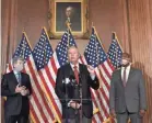  ?? AP ?? Sen. Lindsey Graham, R-S.C., center, speaks during a news conference on Capitol Hill on Monday to highlight the Republican proposal for the next coronaviru­s stimulus bill.