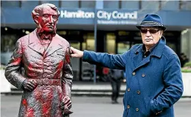  ??  ?? Taitimu Maipi damaged and graffitied the Captain John Hamilton statue in Garden Place, Hamilton.