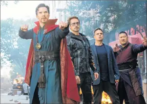  ?? AP PHOTO ?? This file image released by Marvel Studios shows, from left, Benedict Cumberbatc­h, Robert Downey Jr., Mark Ruffalo and Benedict Wong in a scene from “Avengers: Infinity War.” In its second weekend in theaters, “Avengers: Infinity War’”continues to...