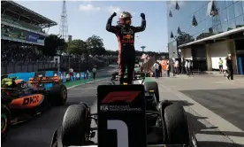  ?? ?? Red Bull driver Max Verstappen celebrates yet another victory. Photograph: Marcelo Chello/AP