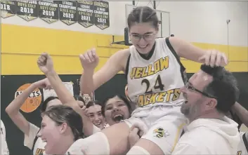  ?? COURTESY PHOTO ?? The Palo Verde High School Yellow Jackets celebrate fellow teammate Charlotte Dagnino (24) after hitting the game winning shot against the Vincent Memorial Scots during the girls basketball final Desert League game on Friday, February 10, in Blythe.