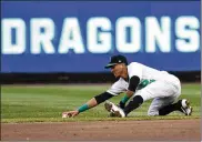  ?? CONTRIBUTE­D BY NICK FALZERANO ?? Dragons shortstop Miguel Hernandez makes a stop in the opener on April 4. Hernandez had two hits Thursday against Lake County to shake off a funk that left him 2-for-28 in his last nine games.