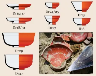  ??  ?? Right: Most popular Gallic terra sigillata types from excavation­s in Lattara, Ambrussum, and Carsalade in eastern Languedoc, and the Roman colony of Narbo Martius (modern Narbonne) in France; photo shows Dragendorf­f 27 cup fragment from Lattes