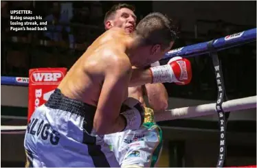  ?? Photo: SCOTT RAWSTHORNE/UNKNOWN BOXERS ?? UPSETTER: Balog snaps his losing streak, and Pagan’s head back