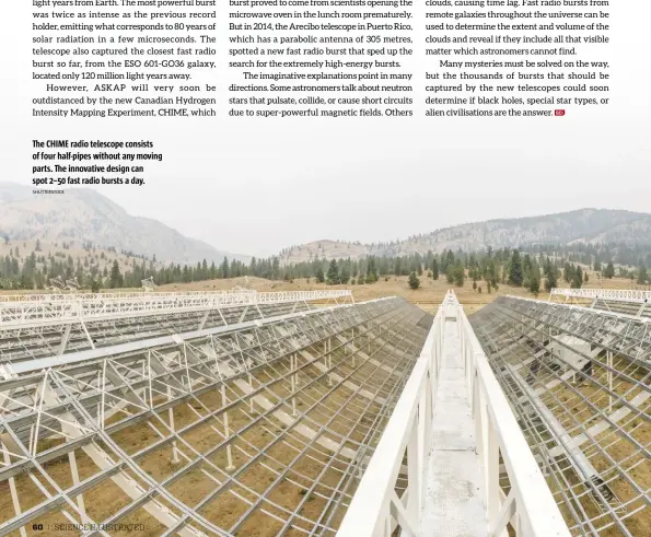  ?? SHUTTERSTO­CK ?? The CHIME radio telescope consists of four half-pipes without any moving parts. The innovative design can spot 2–50 fast radio bursts a day.