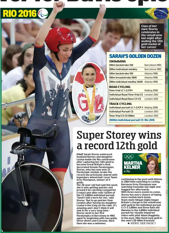  ??  ?? Class of her own: Storey celebrates in the velodrome last night after sealing the 12th gold medal of her career