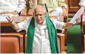  ?? PTI ?? Opposition leader B S Yeddyurapp­a speaks during the trust vote, at Vidhana Soudha, in Bengaluru, on Friday