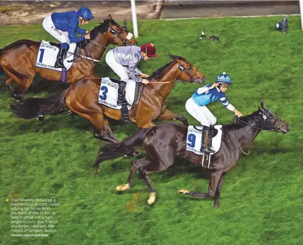  ??  ?? Joao Moreira delivered a masterclas­s aboard Vivlos, rallying his horse from the back of the 13-horse field to prise out a halflength victory over French challenger Heshem, the mount of Gregory Benoit.