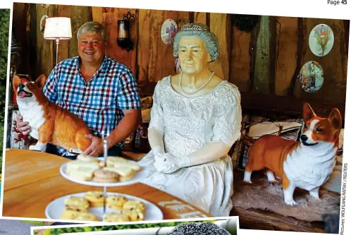  ??  ?? On the home front: Gary’s display at his German home, complete with tank, an odd-looking Queen with her corgis, and a Grenadier guardsman