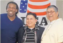  ?? GREG SORBER/JOURNAL ?? Champion heavyweigh­t Cam F. Awesome, left, ex-world champ Danny Romero, center and Olympic medalist Jesse Valdez.