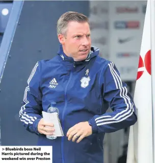  ??  ?? > Bluebirds boss Neil Harris pictured during the weekend win over Preston