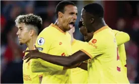  ?? James Marsh/Shuttersto­ck ?? Joël Matip after his second-half goal completed a turnaround victory for Liverpool. Photograph: