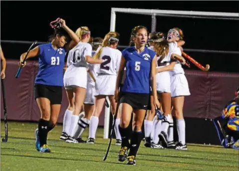  ?? BILL RUDICK — FOR DIGITAL FIRST MEDIA ?? Conestoga celebrates the overtime game-winner Tuesday night as Downingtow­n West walks off the field.