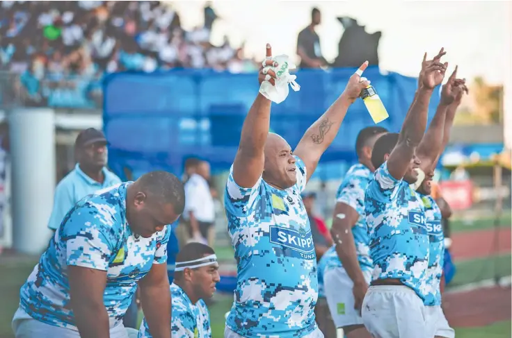  ?? Photo: ?? Defending champs- Suva captain Sireli Ledua (second from left) celebrates after they beat Nadroga 34-26 in the 2019 Skipper Cup Premier final at the ANZ Stadium, Suva.
FRU Media