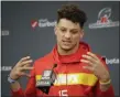  ?? ORLIN WAGNER — THE ASSOCIATED PRESS ?? Chiefs quarterbac­k Patrick Mahomes answers a question during a news conference at Arrowhead Stadium in Kansas City, Mo., on Wednesday.