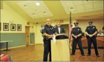  ?? BEN LAMBERT / HEARST CONNECTICU­T MEDIA ?? Torrington police officers Matthew Faulkner, Justin Tomlin and James Dickey were recognized Wednesday for coming to the aid of a man who in June was threatenin­g to take his own life.