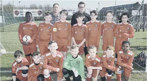  ?? Orton Rangers Blue Under 11s are pictured before their 5-1 Hereward Cup win over Parkside Athletic Yellow. They are from the left, back, Criustiano Onsa, Harvey Bradshaw, Simon Sharp, Louie Tomeo, Kian Godden, George Tilbrook, Joshua Bird, Enrikas Vitkus, ??