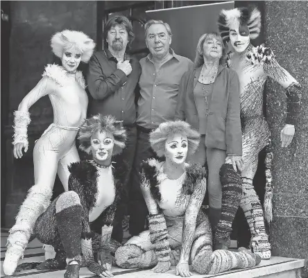  ??  ?? British composer Andrew Lloyd Webber, center, director Trevor Nunn, left, and choreograp­her Gillian Lynne with performers promote the return of the musical “Cats” to London in 2014. LEFTERIS PITARAKIS/AP USA TODAY