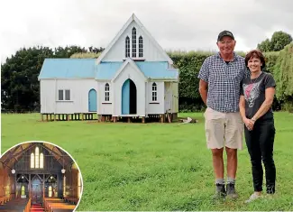  ?? CATHERINE GROENESTEI­N/STUFF ?? Mark and Trish Stevenson are about to begin restoring the 127-year-old church which sits in a paddock near the road on their family farm.