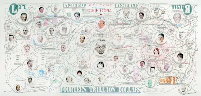  ??  ?? William Powhida: Griftopia, 2011; a ten-foot-wide ‘visual translatio­n’ of the 2008 financial crisis based on Matt Taibbi’s 2010 book of the same title