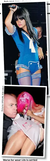  ??  ?? Worse for wear: Lily is carried away from the Glamour Awards in 2008 and (top) on stage in 2009