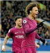  ?? AP ?? Manchester City’s Leroy Sane celebrates after scoring his side’s first goal against Everton.