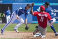  ?? FRANK GUNN/THE CANADIAN PRESS ?? Jays shortstop Aledmys Diaz flips the ball to second baseman Yangervis Solarte to turn the first half of a double-play Friday.