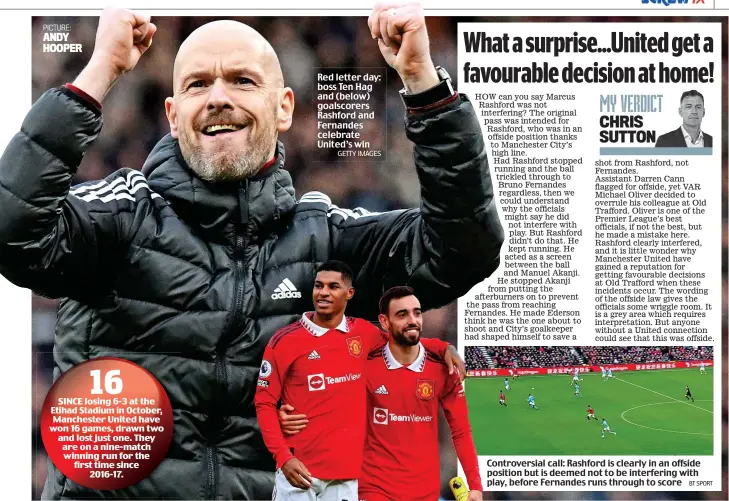  ?? GETTY IMAGES ?? PICTURE: ANDY HOOPER
Red letter day: boss Ten Hag and (below) goalscorer­s Rashford and Fernandes celebrate United’s win