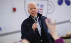  ??  ?? Joe Biden answers questions in Manchester, New Hampshire, on 8 February. Photograph: Pablo Martínez Monsiváis/AP