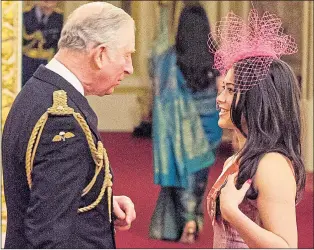  ?? Pictures: JOHN STILLWELL AND DOMINIC LIPINSKI/PA ?? Hockey player Sam Quek, 28, collects her MBE from Prince Charles at the Palace