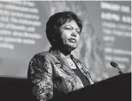  ?? ?? Mathilde Mukantaban­a, the Rwandan ambassador to the United States, speaks during a panel discussion Friday at the Tobin Center. Panelists uniformly praised Kagame’s government.