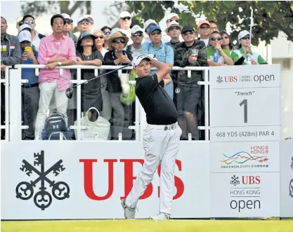  ??  ?? Sam Brazel tees off during the third round yesterday at the Hong Kong Golf Club.