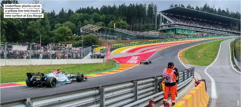  ?? ?? Underfloor planks carve a yellow line into track’s new surface at Eau Rouge