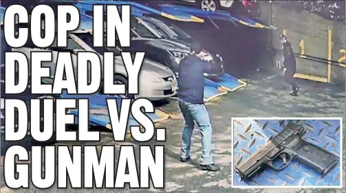  ??  ?? DRAMA: A plaincothe­s NYPD officer in Washington Heights Thursday takes aim at a man in black, who shot the cop with this gun (inset).