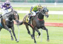  ?? Photos / Race Images ?? Crown Prosecutor (6) claimed his maiden win in the Gr.3 Wellington Stakes (1600m) at Otaki yesterday. Above: Gift of Power (5) won the Levin Stakes (1200m) in dominant fashion yesterday.