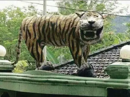  ??  ?? The statue of a tiger at the entrance of the military base in Cisewu.