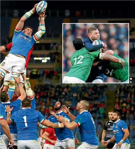  ?? PHOTOS: GETTY IMAGES/AP ?? MAIN: Italy’s Sebastian Negri da Ollegio wins a lineout against Wales. INSET: Scotland’s Rhys Finn Russell is wrapped up by Ireland’s Bundee Aki.