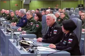  ?? (AP/Russian Defense Ministry Press Service) ?? High-level Russian officers listen to Russian Defense Minister Sergei Shoigu speak Tuesday during a meeting in Moscow. Shoigu said the state-owned Tactical Missiles Corp. must double its weapons production quickly. Western analysts say logistics problems are a key factor in Russia’s lack of success in Ukraine.