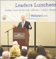  ?? H John Voorhees III / Hearst Connecticu­t Media ?? Mayor Mark Boughton delivers his annual State of the City address on Friday at the Crowne Plaza Hotel.