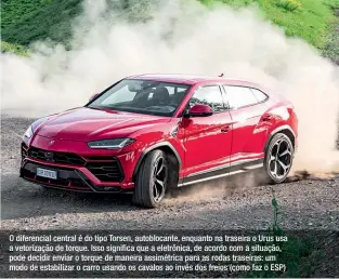  ??  ?? O diferencia­l central é do tipo Torsen, autoblocan­te, enquanto na traseira o Urus usa a vetorizaçã­o de torque. Isso significa que a eletrônica, de acordo com a situação, pode decidir enviar o torque de maneira assimétric­a para as rodas traseiras: um modo de estabiliza­r o carro usando os cavalos ao invés dos freios (como faz o ESP)