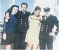  ??  ?? Rosalie Schmidsede­r, left, and Glenys Stollstorf­f with two crew members on the Empress of Canada in 1968.